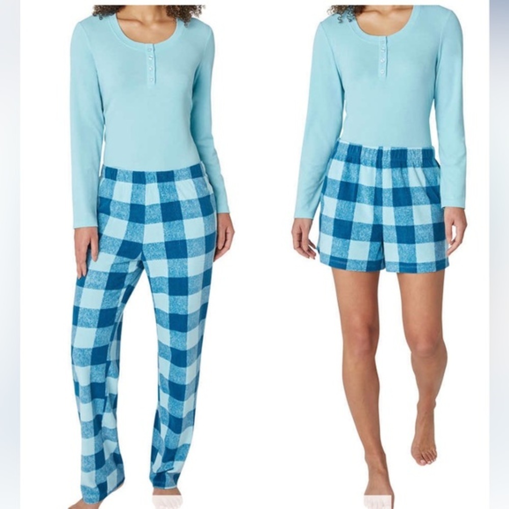 Women’s Eddie Bauer 3-Pc Waffle Fleece Pajamas Set Sz 3X Blue Shirt+Shorts+Pants
